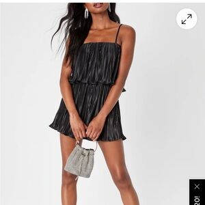 Lulus Fun Flirt Black Satin Plisse Sleeveless Romper